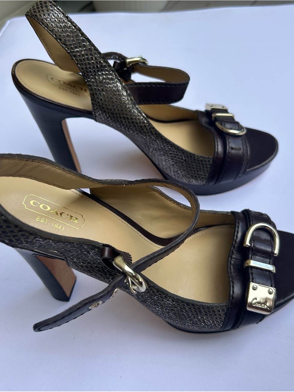 COACH Metallic Brown & Gold Slingback Heels